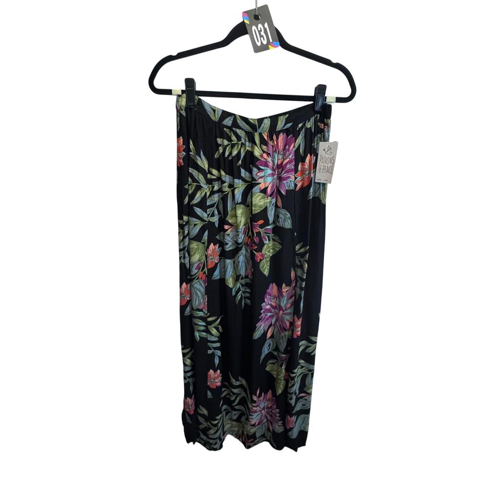 NWT Patrons of Peace Tropical Floral Maxi Skirt Black Rayon High Slit Large Boho